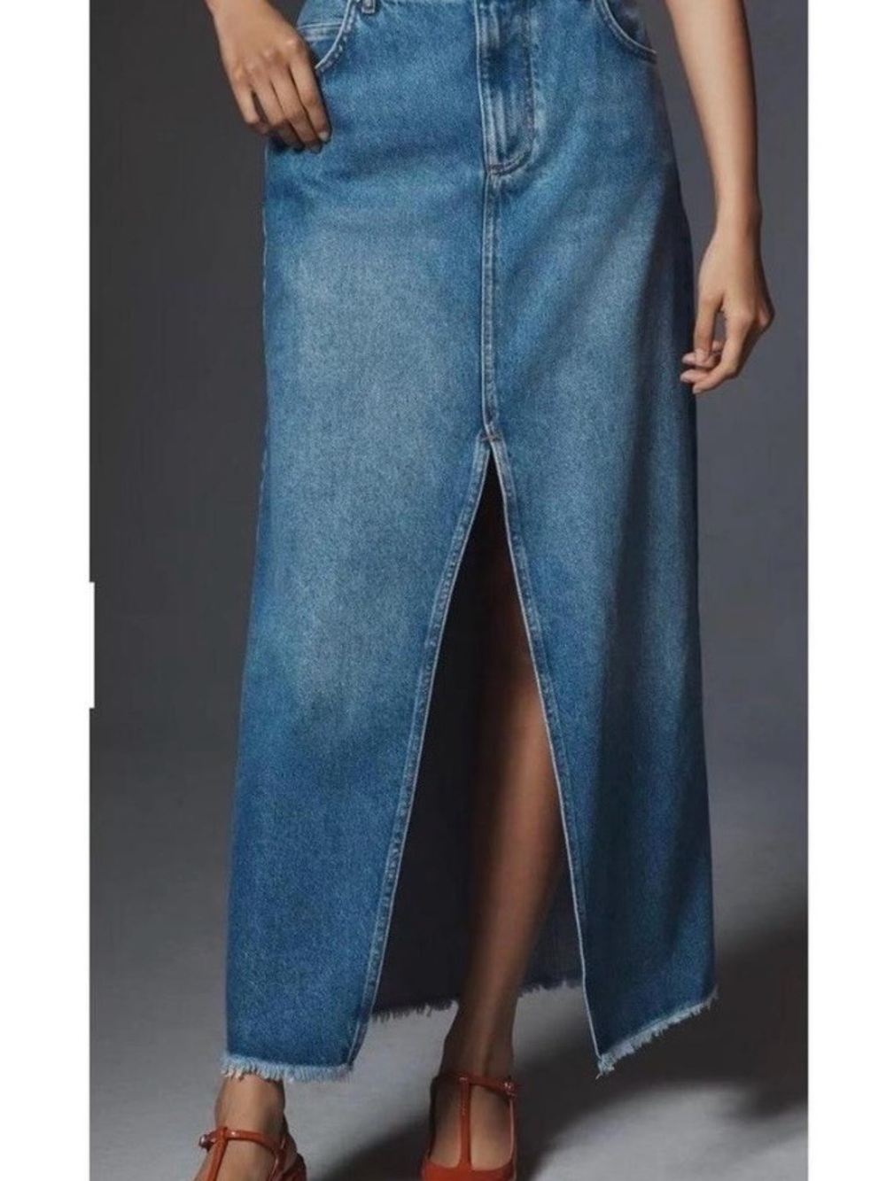 🌼 Pilcro Anthropologie High-Waist Blue Denim Maxi Skirt with Front Slit size 2 - Picture 5 of 13